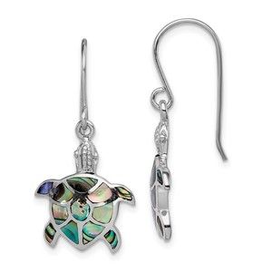 925 Sterling Silver Rhodium-plated Polished Abalone Turtle Dangle Earrings